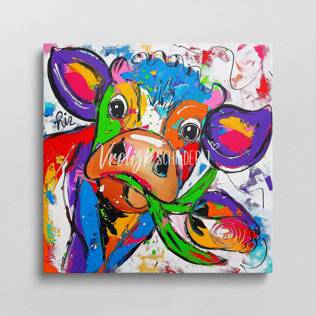 De vrolijke koe en tulpen | Vrolijk Schilderij | Schilderen op nummer | Diamond painting | Dot painting