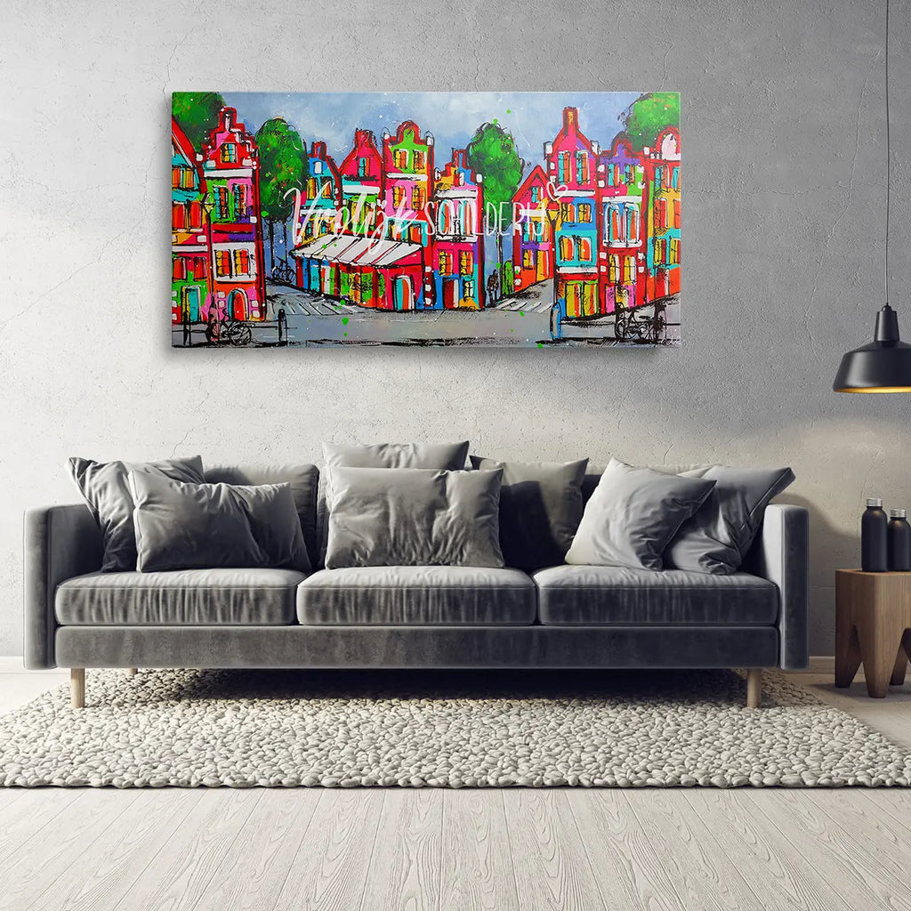De winkelstraat | Vrolijk Schilderij | Schilderen op nummer | Diamond painting | Dot painting