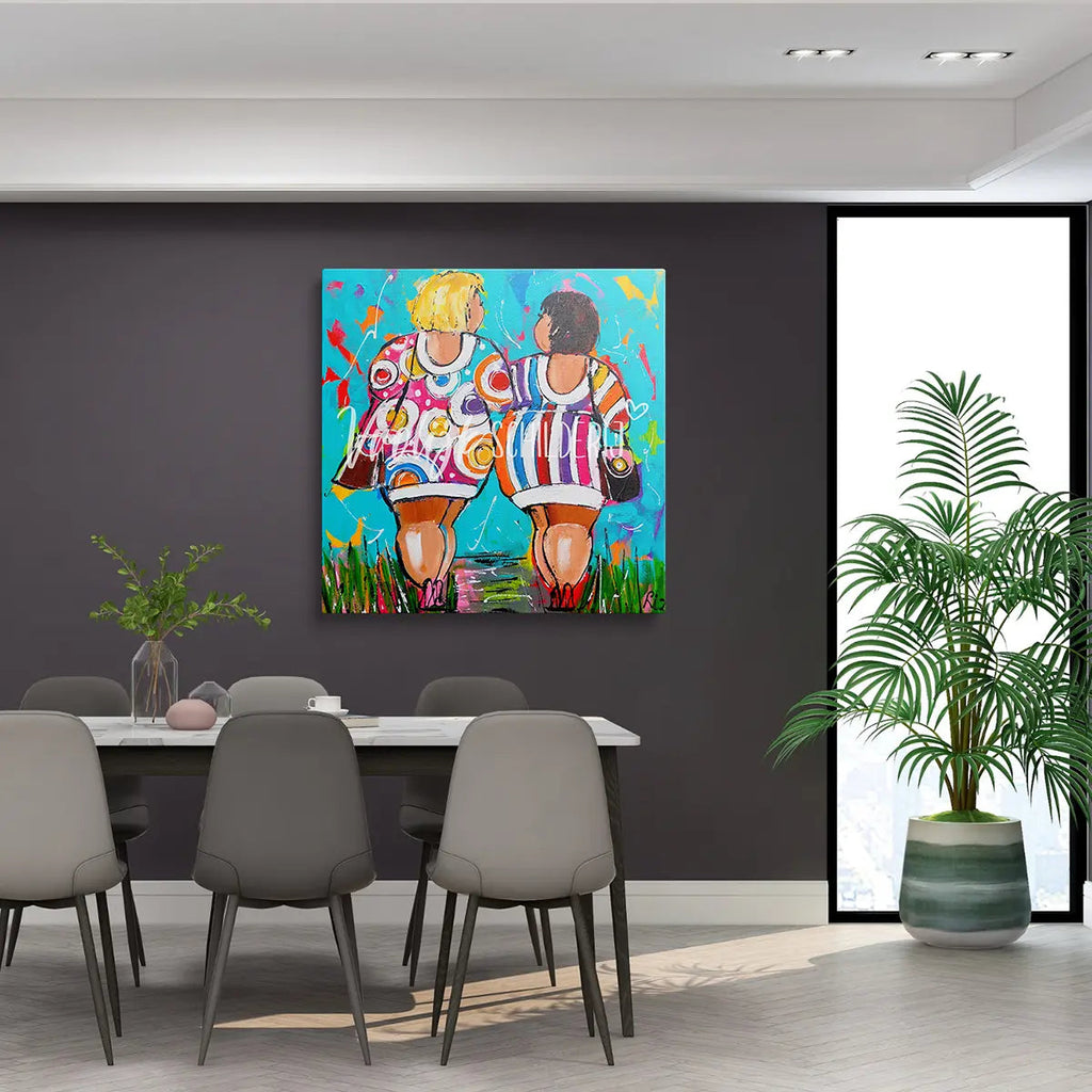 Dikke dames aan de wandel | Vrolijk Schilderij | Schilderen op nummer | Diamond painting | Dot painting