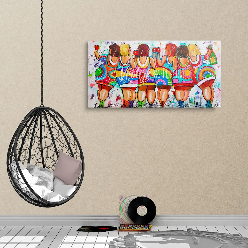 Dikke dames aan een rood wijntje | Vrolijk Schilderij | Schilderen op nummer | Diamond painting | Dot painting