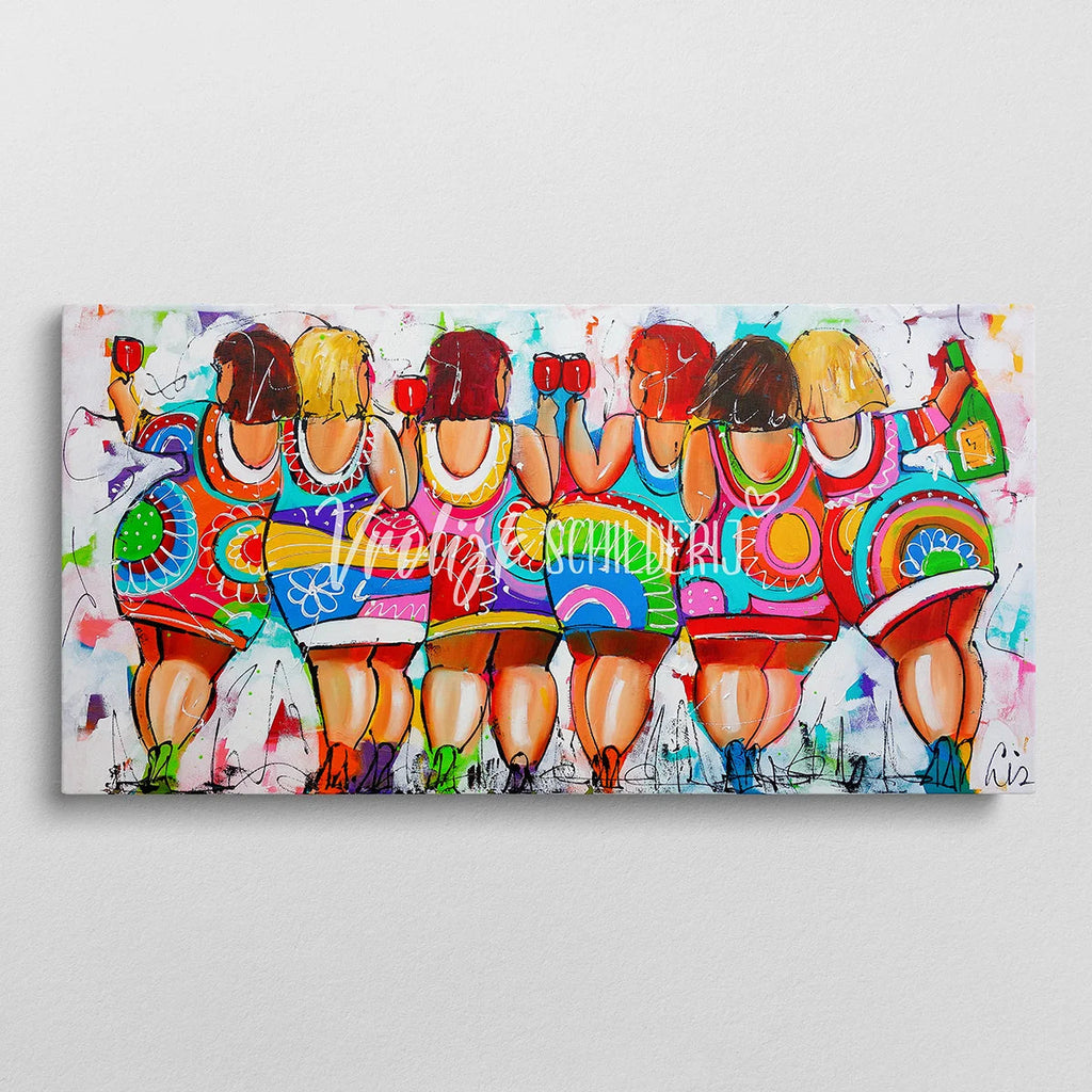 Dikke dames aan een rood wijntje | Vrolijk Schilderij | Schilderen op nummer | Diamond painting | Dot painting