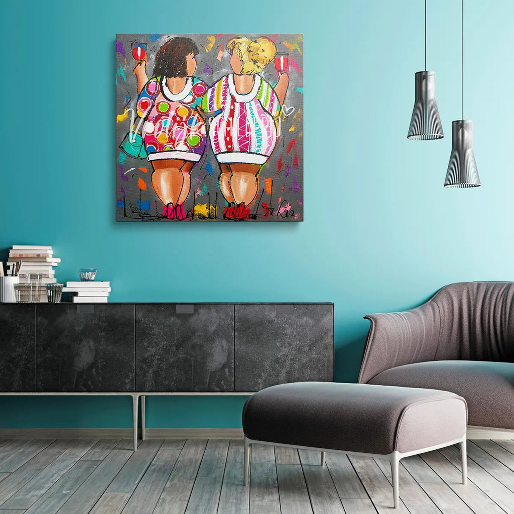 Dikke dames een lekker wijntje | Vrolijk Schilderij | Schilderen op nummer | Diamond painting | Dot painting