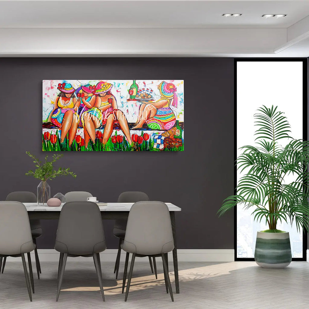 Dikke dames gezellige picknick | Vrolijk Schilderij | Schilderen op nummer | Diamond painting | Dot painting