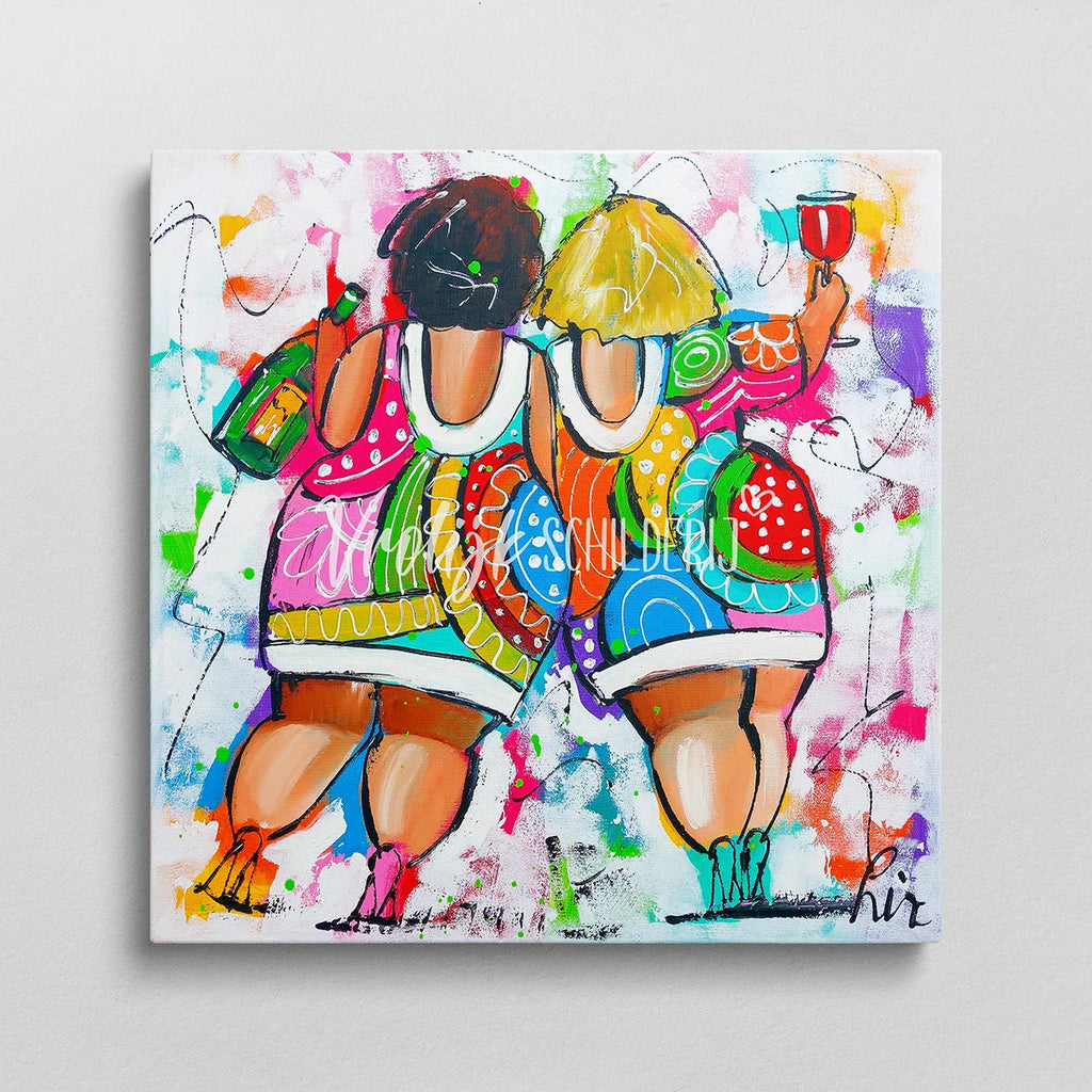 Dikke dames slokje uit de fles | Vrolijk Schilderij | Schilderen op nummer | Diamond painting | Dot painting