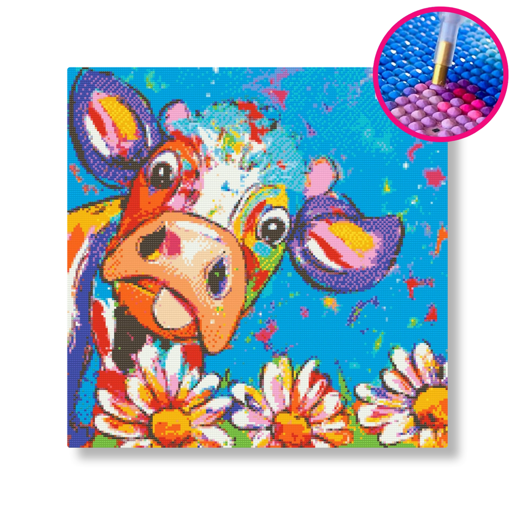 Gekke koe en bloemen | Diamond painting | Vrolijk Schilderij | Schilderen op nummer | Diamond painting | Dot painting