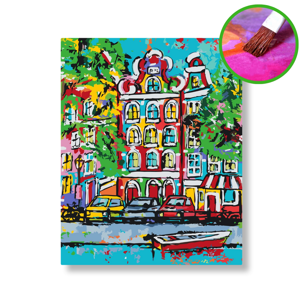 Het grachtenpand | Schilderen op nummer | Vrolijk Schilderij | Schilderen op nummer | Diamond painting | Dot painting