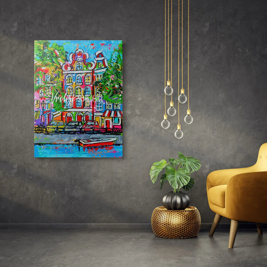 Het grachtenpand | Vrolijk Schilderij | Schilderen op nummer | Diamond painting | Dot painting