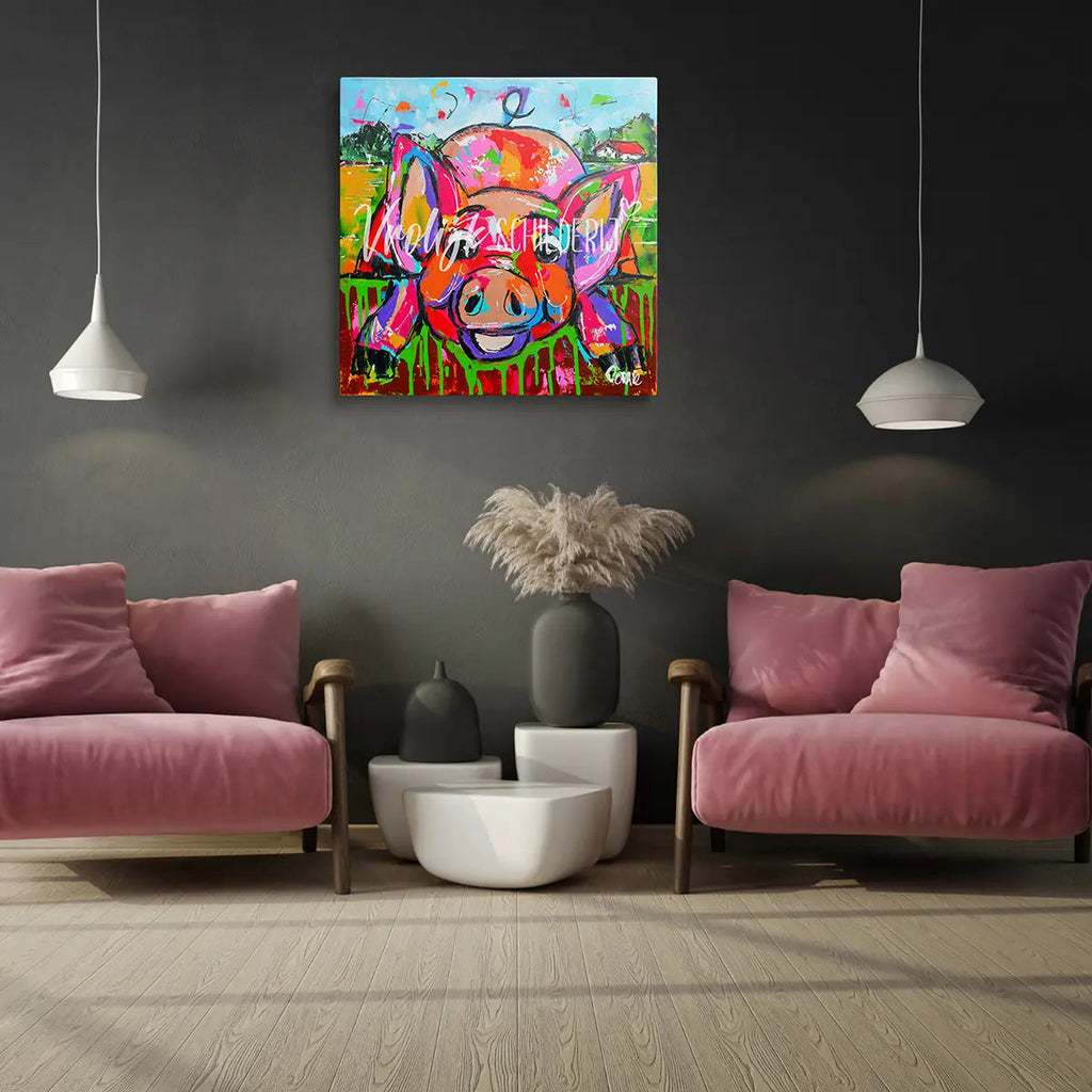 Het varken in de modder | Vrolijk Schilderij | Schilderen op nummer | Diamond painting | Dot painting