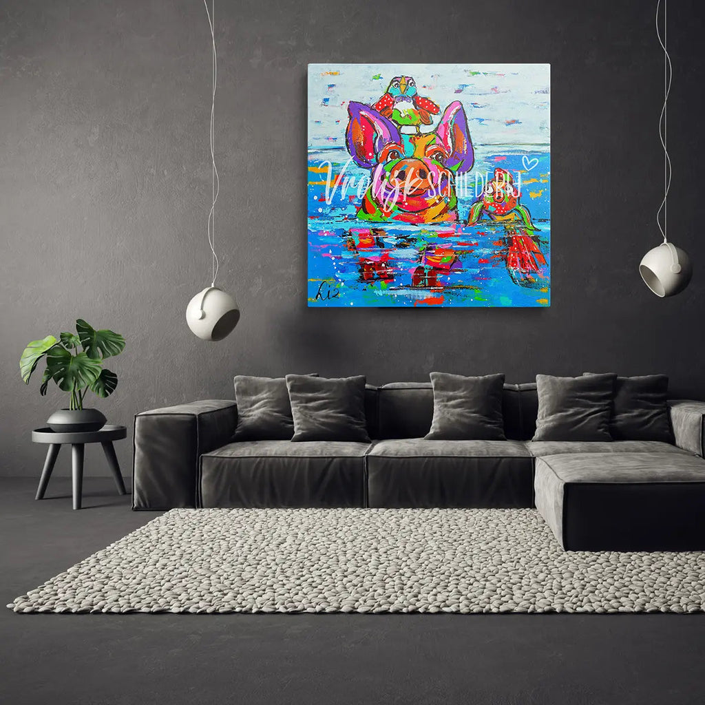 Het varken in het water | Vrolijk Schilderij | Schilderen op nummer | Diamond painting | Dot painting