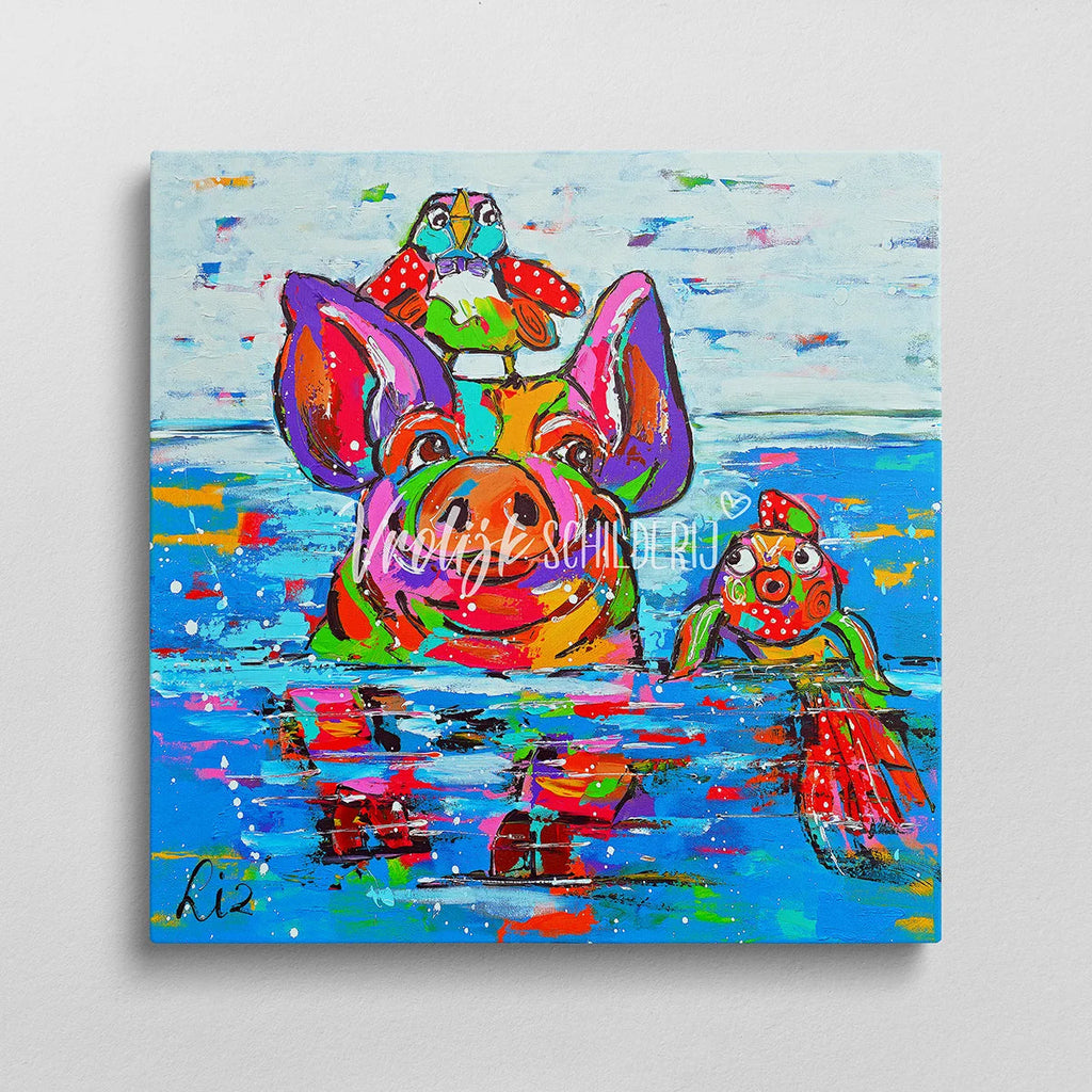Het varken in het water | Vrolijk Schilderij | Schilderen op nummer | Diamond painting | Dot painting