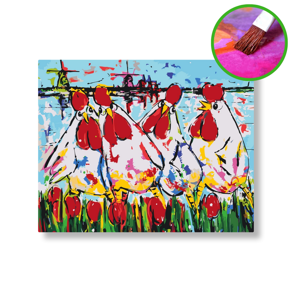 Kippen aan het water | Schilderen op nummer | Vrolijk Schilderij | Schilderen op nummer | Diamond painting | Dot painting