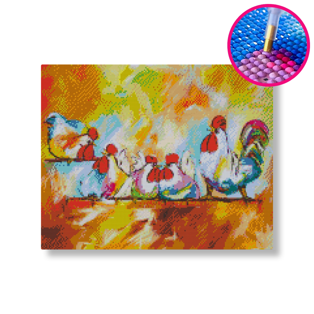 Kippen op stok | Diamond painting | Vrolijk Schilderij | Schilderen op nummer | Diamond painting | Dot painting
