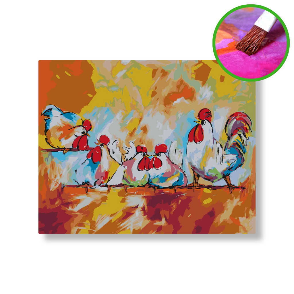 Kippen op stok | Schilderen op nummer | Vrolijk Schilderij | Schilderen op nummer | Diamond painting | Dot painting