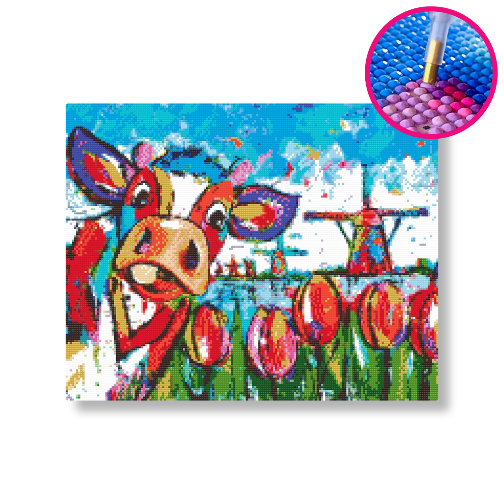 Koe in tulpenlandschap | Diamond painting | Vrolijk Schilderij | Schilderen op nummer | Diamond painting | Dot painting