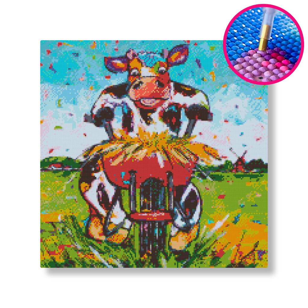 Koe met kruiwagen | Diamond painting | Vrolijk Schilderij | Schilderen op nummer | Diamond painting | Dot painting