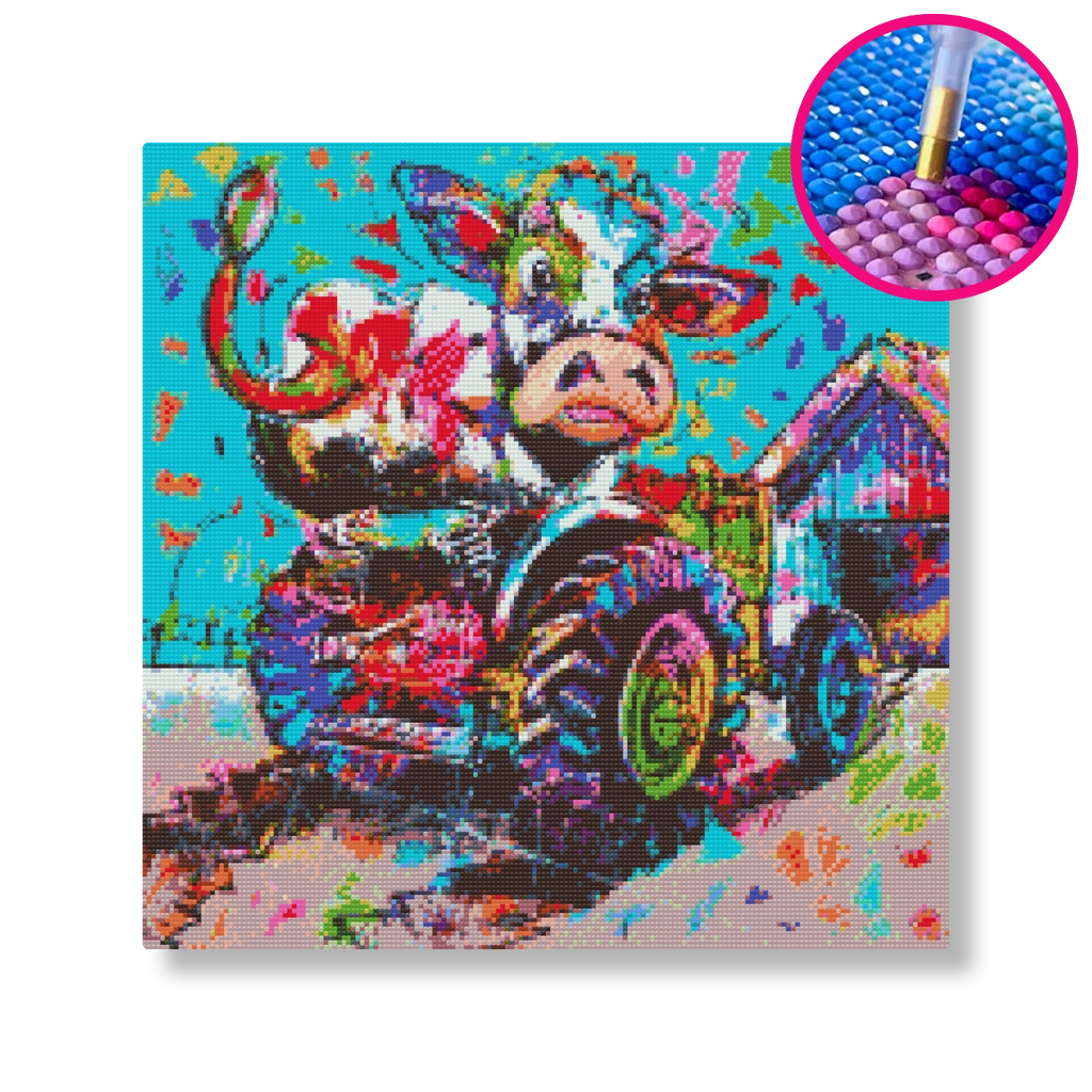 Koe op de tractor | Diamond painting - OHMDTHECOWONTHETRACTOR | Vrolijk Schilderij | Schilderen op nummer | Diamond painting | Dot painting