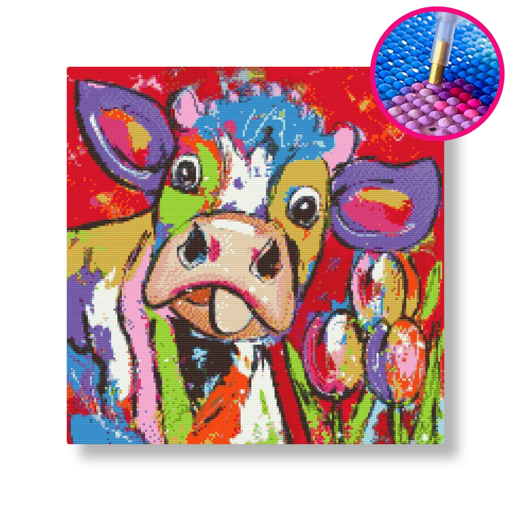 Maffe koe en tulpen | Diamond painting | Vrolijk Schilderij | Schilderen op nummer | Diamond painting | Dot painting