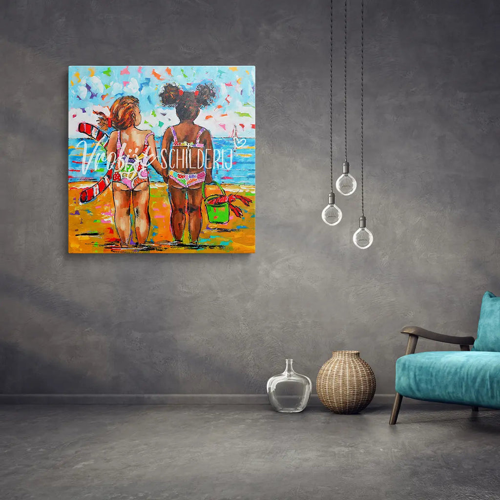 Op het strand | Vrolijk Schilderij | Schilderen op nummer | Diamond painting | Dot painting