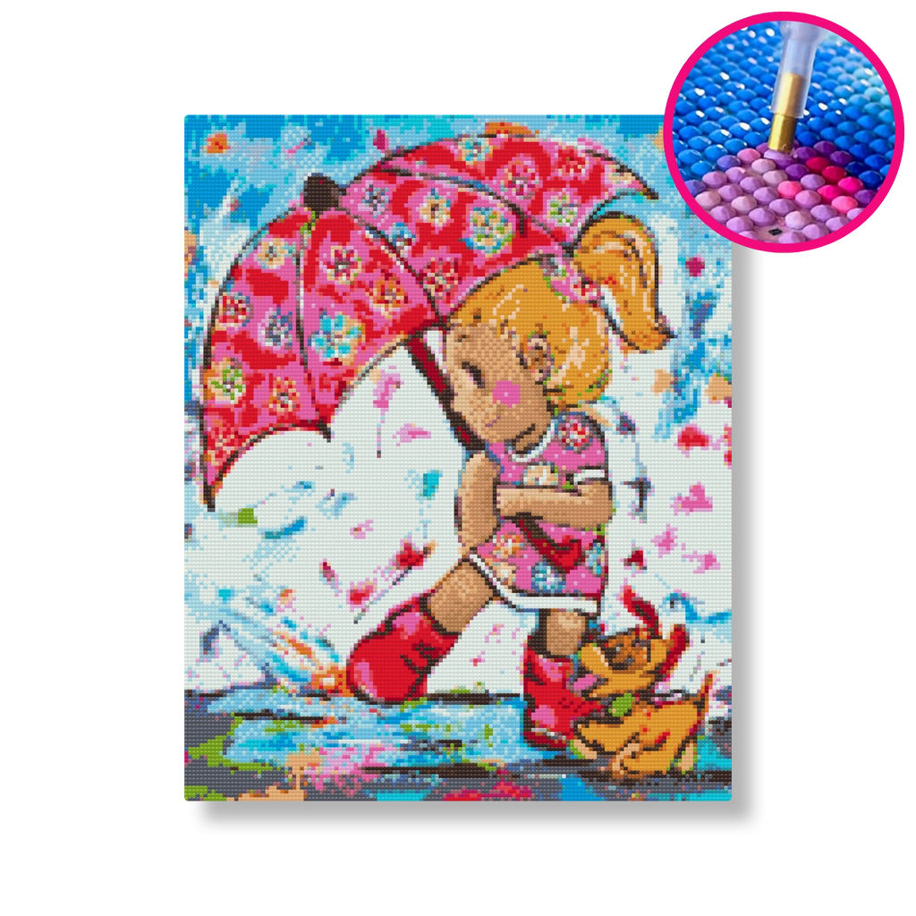 Spelen in de regen | Diamond painting | Vrolijk Schilderij | Schilderen op nummer | Diamond painting | Dot painting