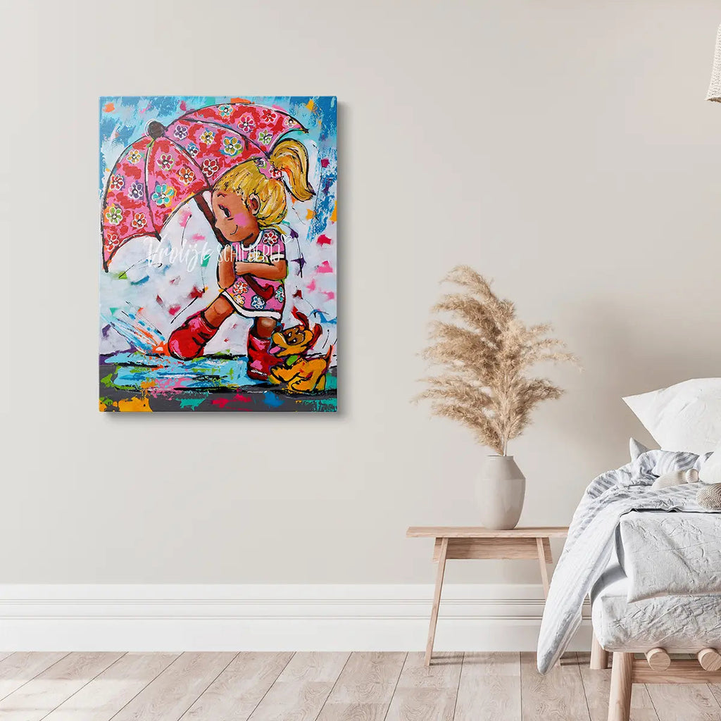 Spelen in de regen | Vrolijk Schilderij | Schilderen op nummer | Diamond painting | Dot painting