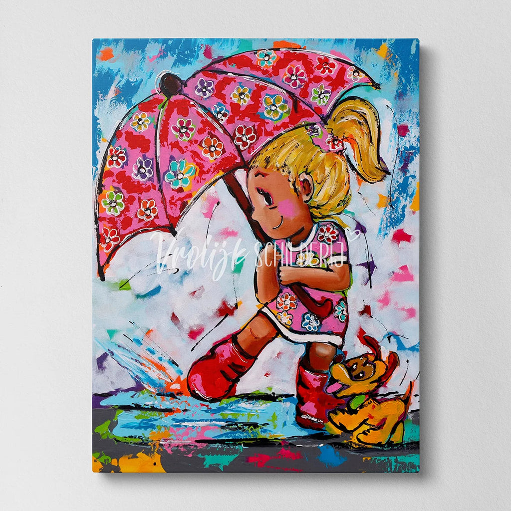Spelen in de regen | Vrolijk Schilderij | Schilderen op nummer | Diamond painting | Dot painting