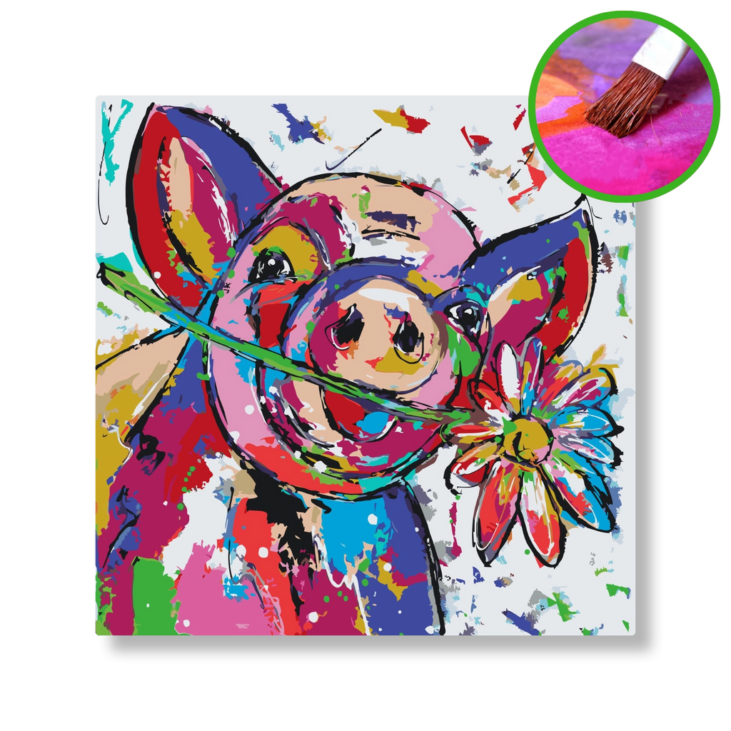 Varken met de bloem | Schilderen op nummer | Vrolijk Schilderij | Schilderen op nummer | Diamond painting | Dot painting